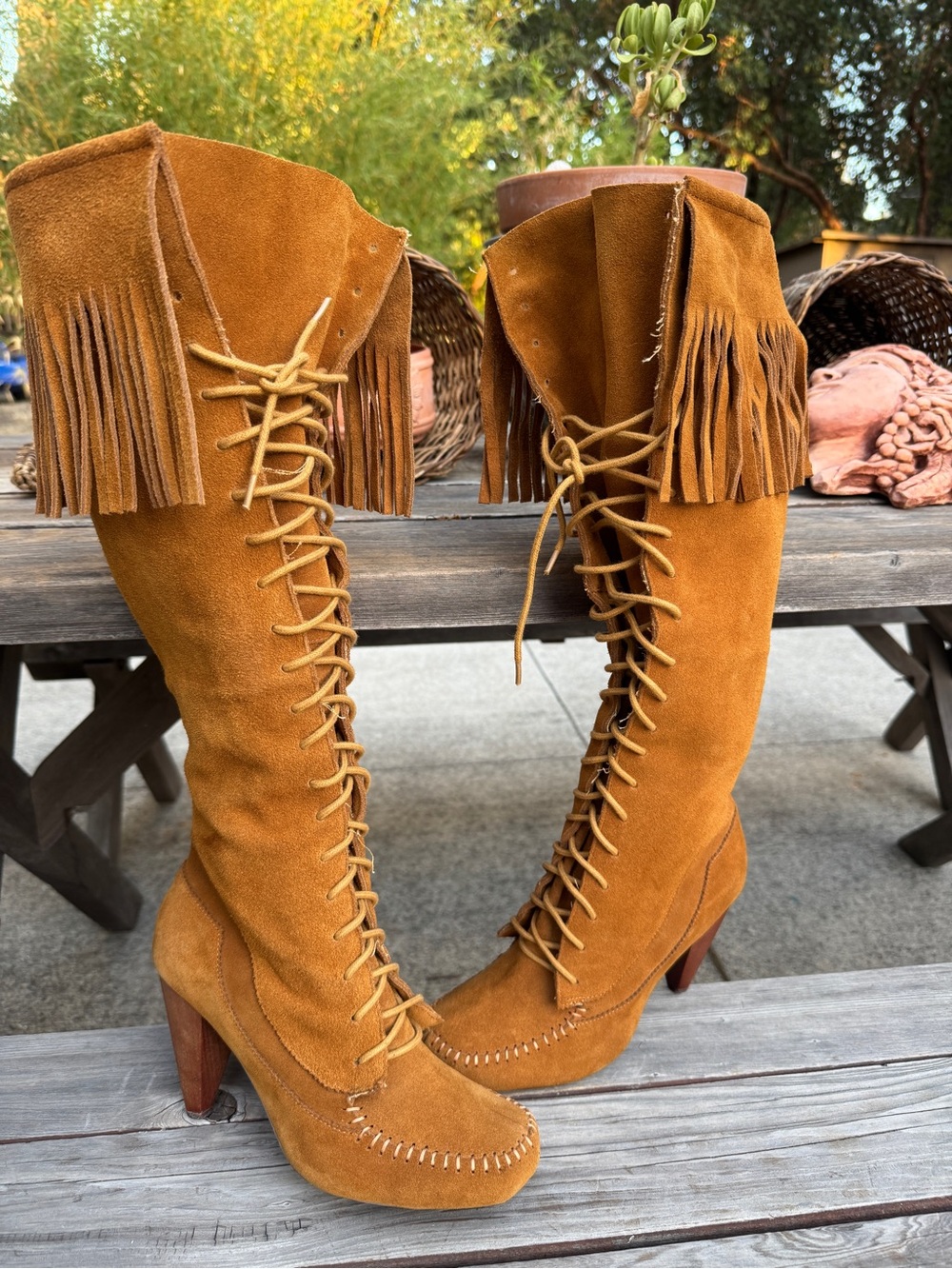 Jeffrey Campbell Cognac Suede Fringe Lace-Up Knee-High Boots